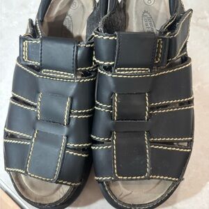 LOWER EAST SIDE Black womens Sandals with Tan Stitching